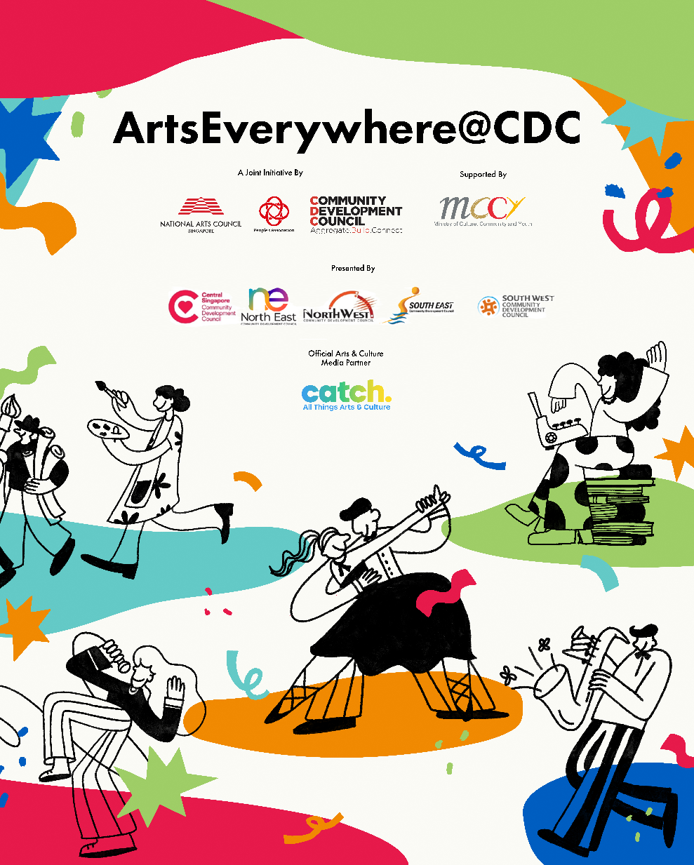 ArtsEverywhere@CDC banner with cartoon musicians, painters, logos of supporting organizations, and colorful confetti.